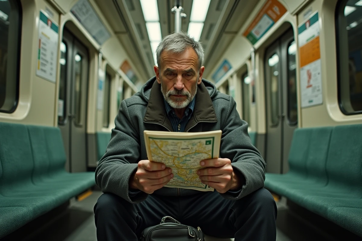 Homme assis dans un wagon de métro parisien consultant un plan papier des lignes RATP