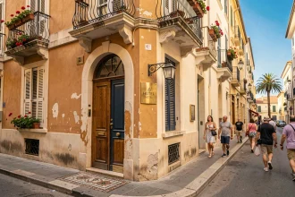 Façade d'un hôtel boutique sur la Rue d'Angleterre à Nice avec balcons en fer forgé et porte en bois bleu marine