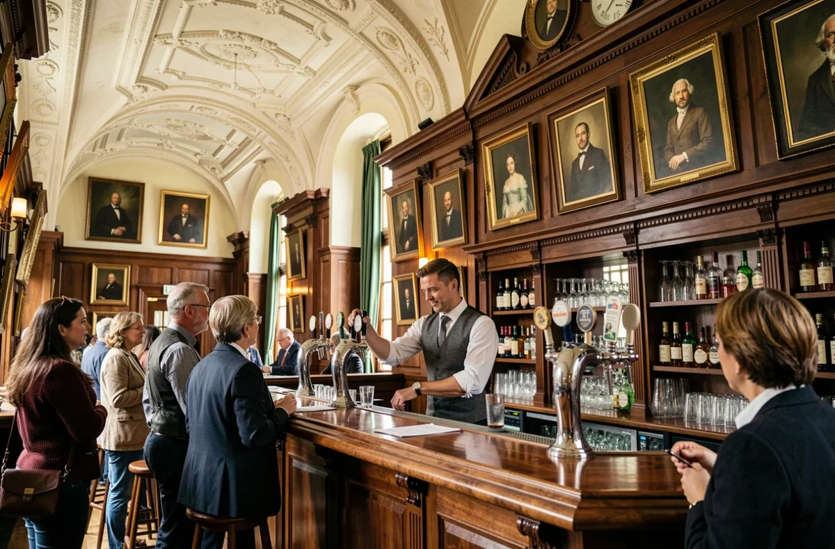 Grand bar Houses of Parliament à Bordeaux avec plafonds ornés, boiseries en chêne et comptoir en acajou poli