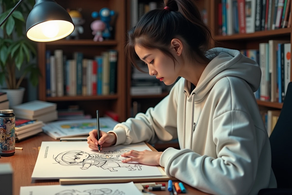 Jeune femme illustratrice dessinant un fan art du personnage Mr. Two Bon Clay de One Piece à son bureau
