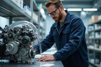 Ingénieur homme examine moteur automobile en laboratoire propre
