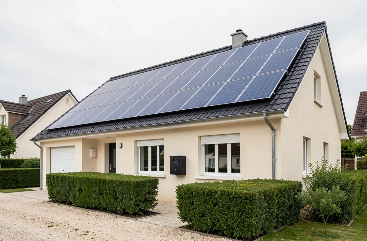 Maison résidentielle française équipée de panneaux solaires et compteur électrique pour EDF OA Solaire