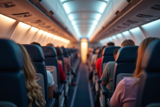 Intérieur d'un avion de ligne avec passagers assis paisiblement