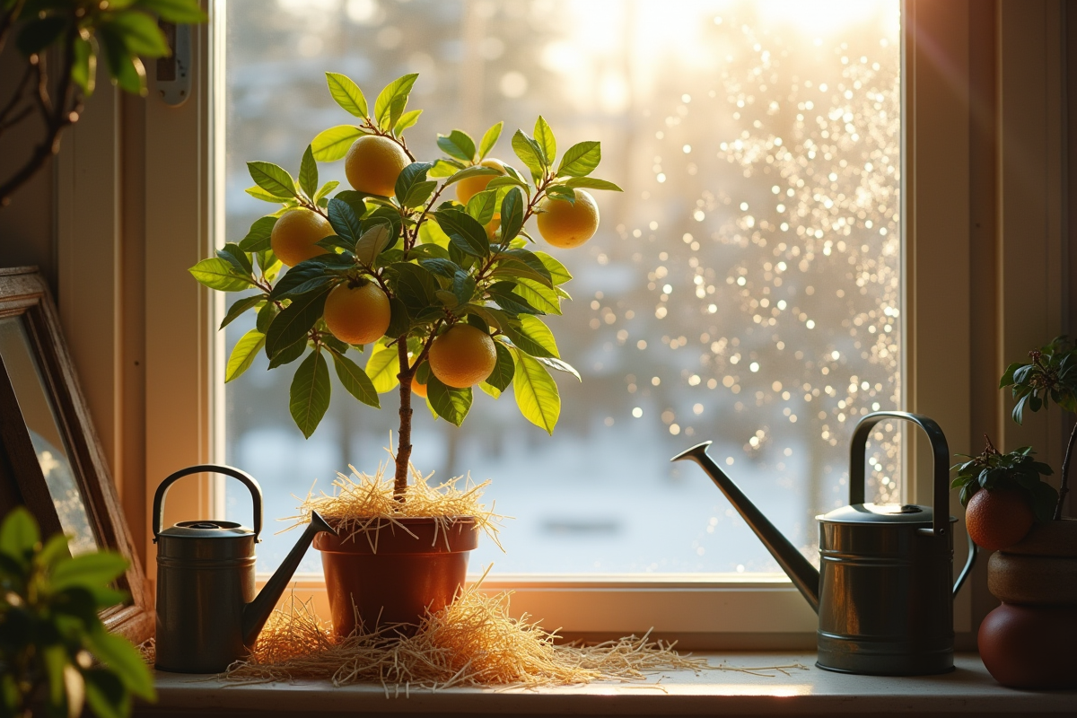 Citronnier en pot dans une pièce lumineuse avec outils de jardinage