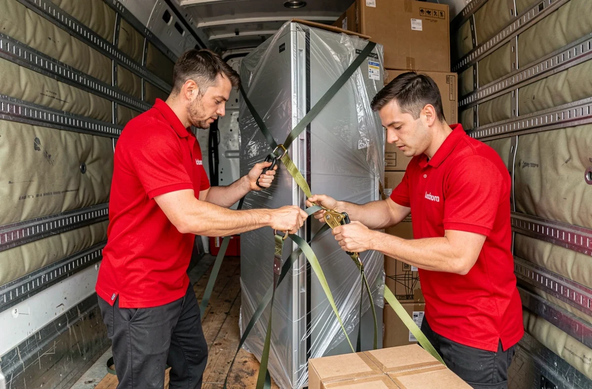 Équipe de JCL Transport Group arrimant des meubles dans la caisse d'un camion de déménagement