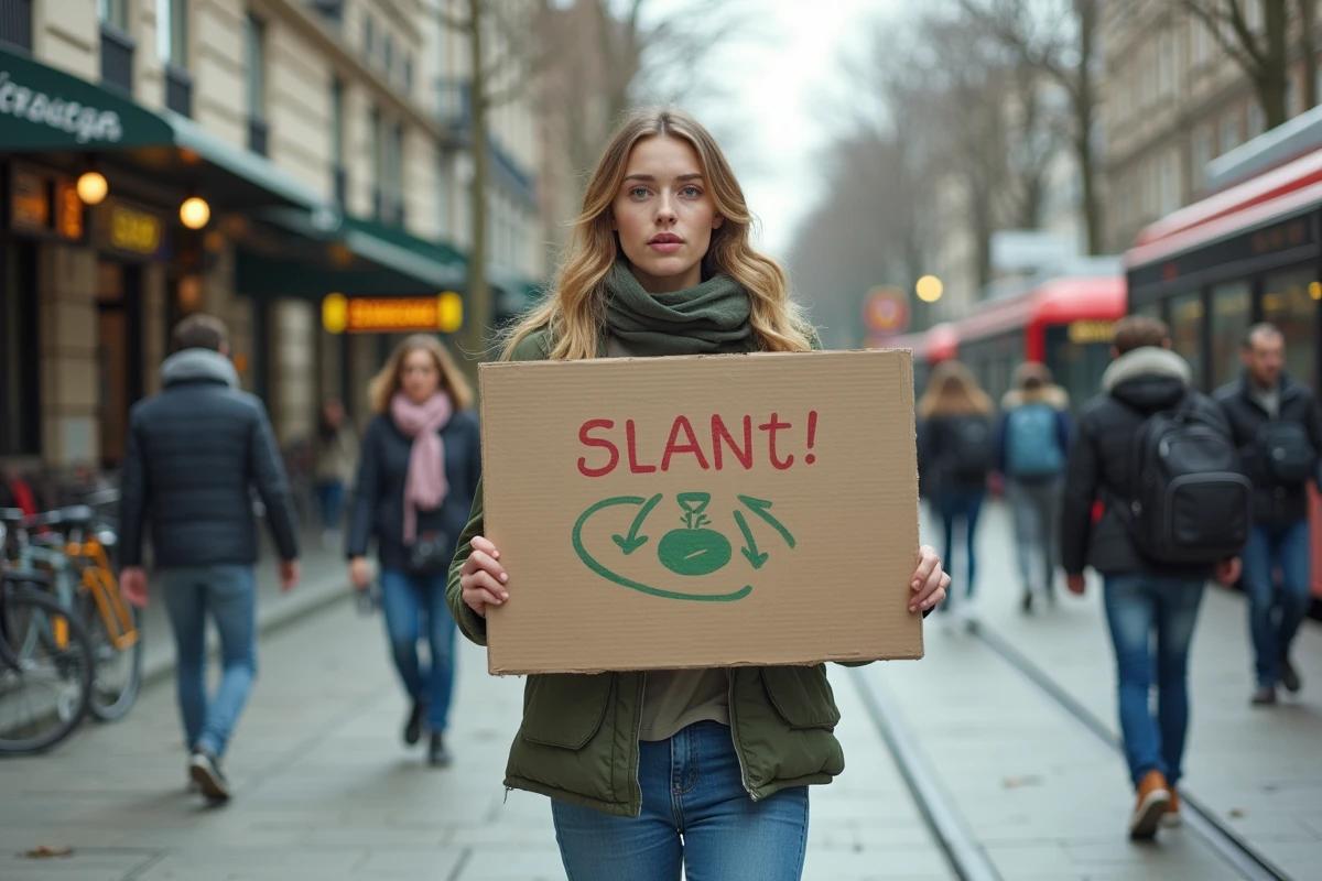 Jeune femme avec pancarte dans une place urbaine animée