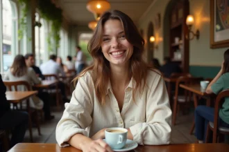 Jeune actrice française dans un café parisien, portrait naturel évoquant l'univers d'une comédienne comme Léa Gillard