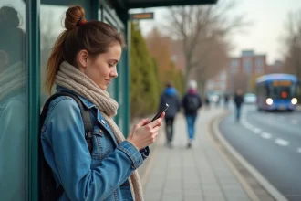 Jeune femme en denim attend bus dans parc urbain