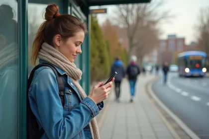 Jeune femme en denim attend bus dans parc urbain