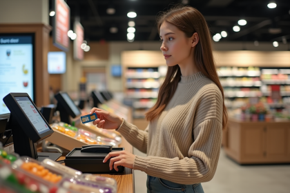 Jeune femme à la caisse d'un supermarché avec carte de paiement
