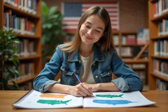 Jeune femme en bibliothèque avec carte des États-Unis