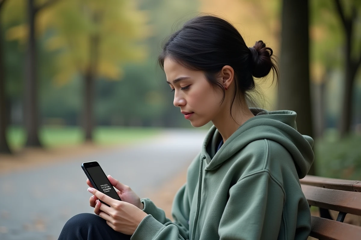 Jeune femme consultant une définition de mantra sur son smartphone assise sur un banc dans un parc urbain calme