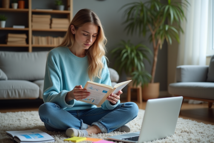 Jeune femme lisant un livre de finance à la maison