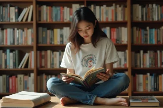 Jeune femme lisant un manga dans une bibliothèque chaleureuse