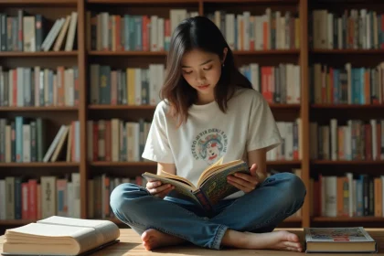 Jeune femme lisant un manga dans une bibliothèque chaleureuse