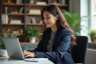 Jeune femme lisant des actualités sur son ordinateur à la maison