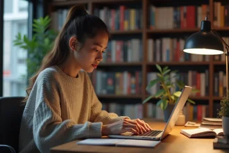 Jeune femme lisant un webtoon dans son bureau cosy