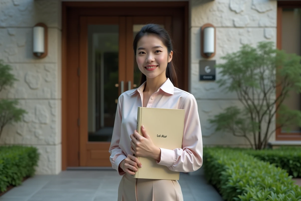 Jeune femme avec dossier devant immeuble résidentiel