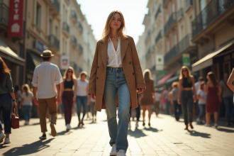 Jeune femme stylée dans une rue urbaine ensoleillée