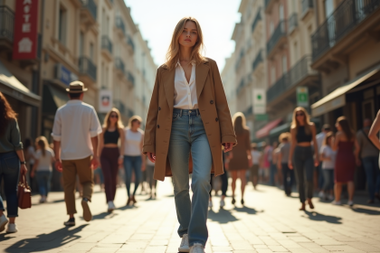 Jeune femme stylée dans une rue urbaine ensoleillée