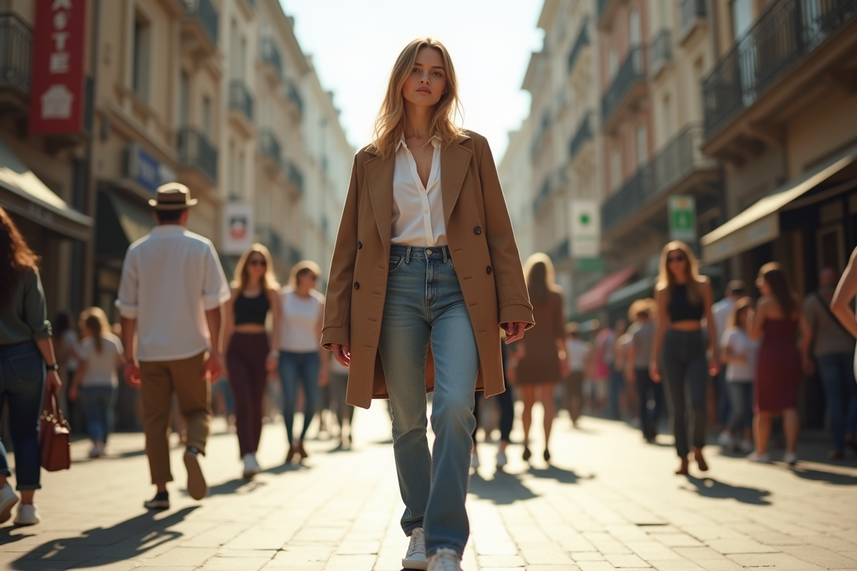Jeune femme stylée dans une rue urbaine ensoleillée