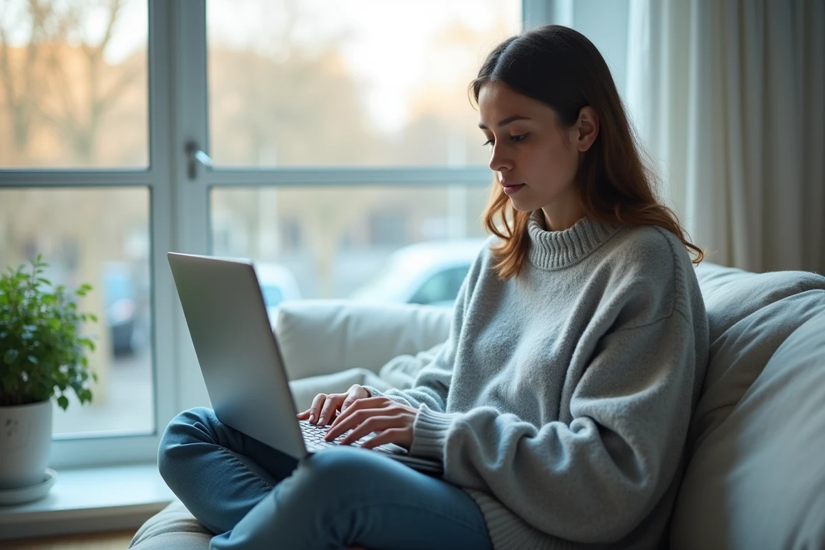 Jeune femme consultant un quiz d'orientation politique républicaine sur son ordinateur portable