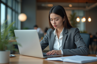 Jeune femme professionnelle examine son écran d'ordinateur