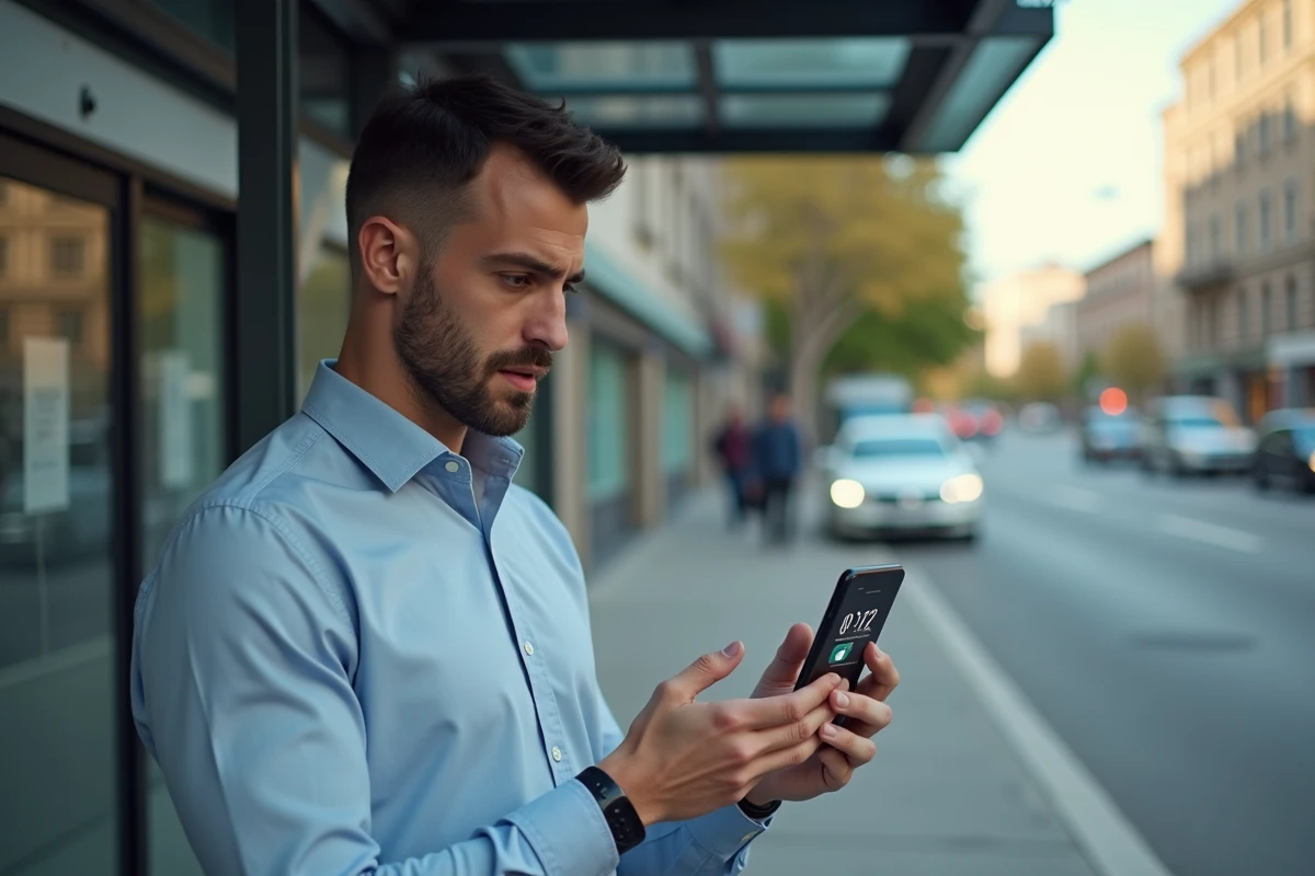 Jeune homme au arrêt de bus regardant son téléphone