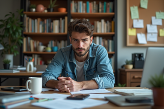 Jeune homme assis à un bureau désordonné avec papiers et ordinateurs