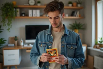 Jeune homme examine une carte Charizard dans un bureau moderne