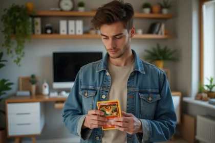 Jeune homme examine une carte Charizard dans un bureau moderne