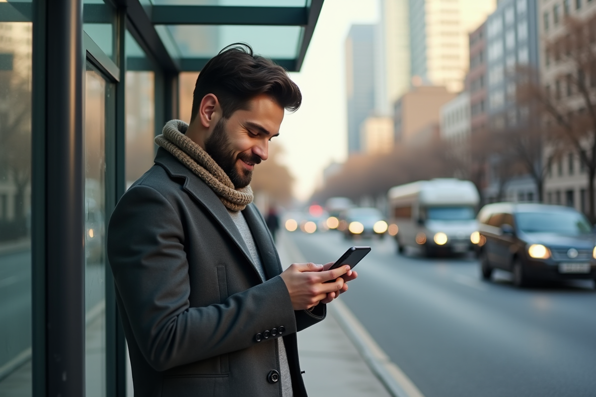 Jeune homme lisant une citation sur son smartphone dans la ville