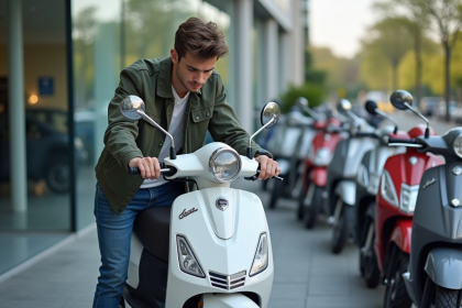 Jeune homme inspectant un scooter 50cc dans un concessionnaire moderne