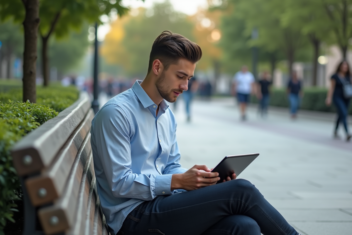 Jeune homme utilisant une tablette dans un parc urbain
