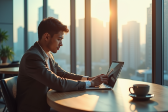 Jeune professionnel utilisant un smartphone pour la banque digitale dans un café