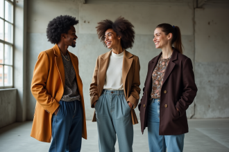 Trois jeunes adultes divers en tenue inclusive dans un studio urbain