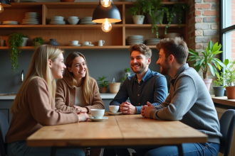 Quatre jeunes adultes discutent dans un appartement chaleureux