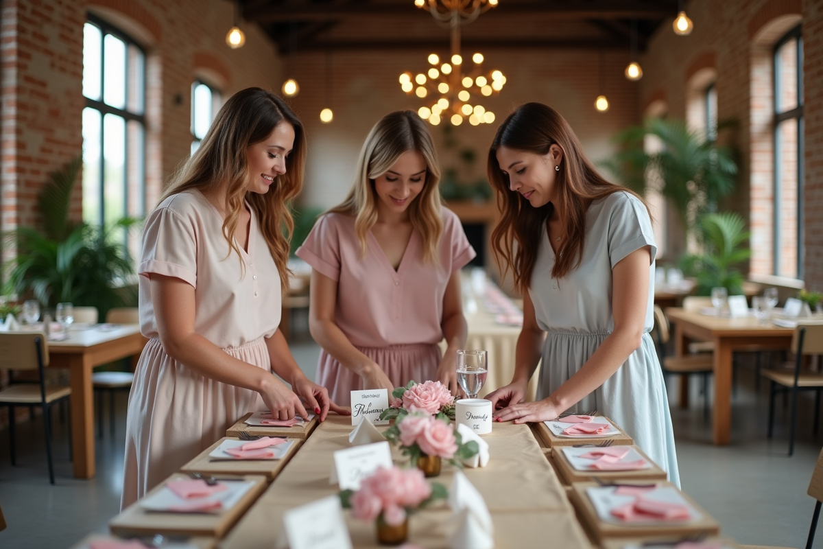 Jeunes adultes décorant une table rustique dans une salle intérieure chaleureuse