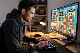 Jeune homme concentré jouant à un jeu de bombe en ligne sur un PC gaming avec un compte à rebours affiché à l'écran