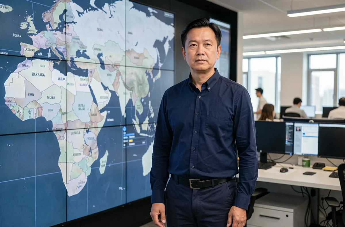 Journaliste devant une carte numérique du continent asiatique avec frontières géopolitiques et données pays, contexte éditorial 2026