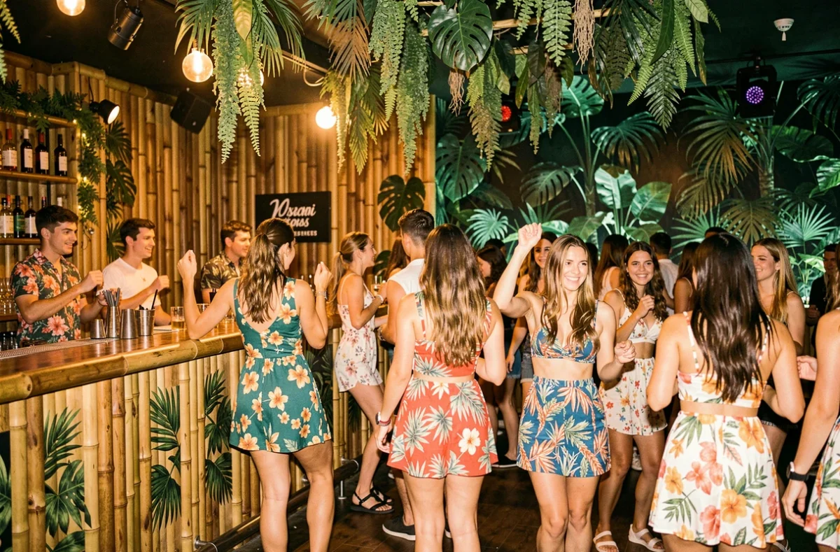 Intérieur tropical de la Jungle House à Corbeil-Essonnes avec décor végétal et ambiance festive