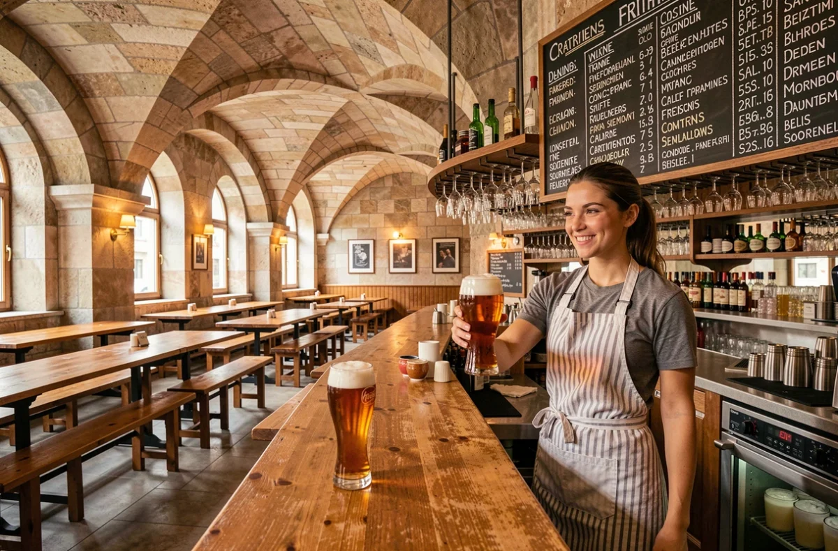 Hall de La Cervoiserie Bordeaux avec voûtes en pierre, grande ardoise de bières et verre de bière ambrée servi par une barwoman