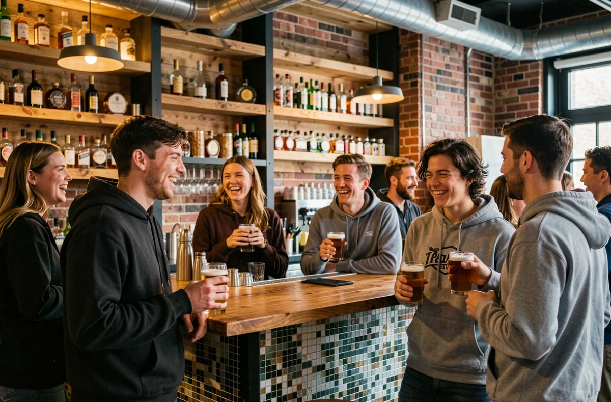 Intérieur animé du bar-club Le Chichrane à Palaiseau avec décor industriel et groupe de jeunes au comptoir