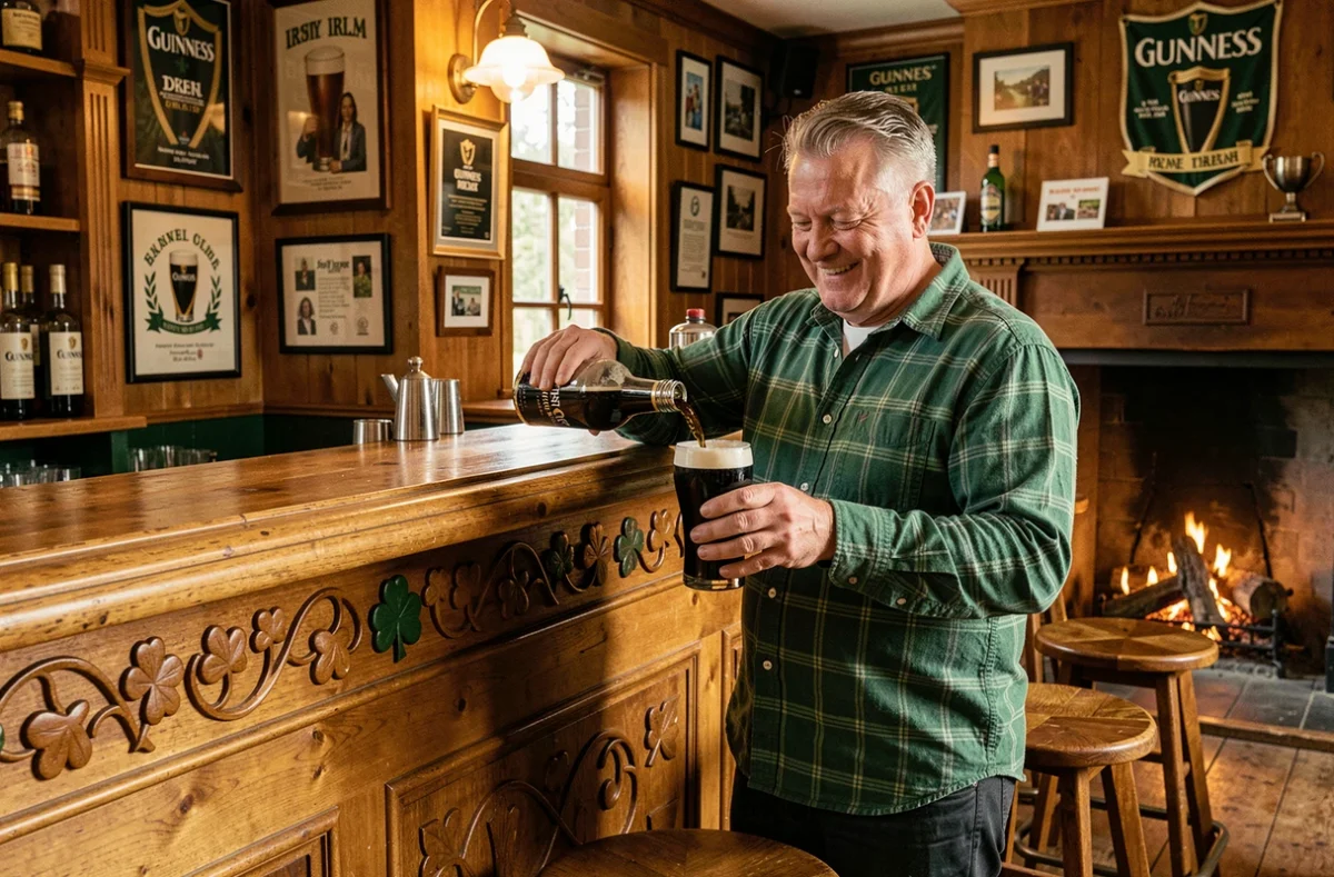 Barman irlandais versant une pinte de stout au pub Le Connemara à Bordeaux, décor authentique avec trèfles et boiseries
