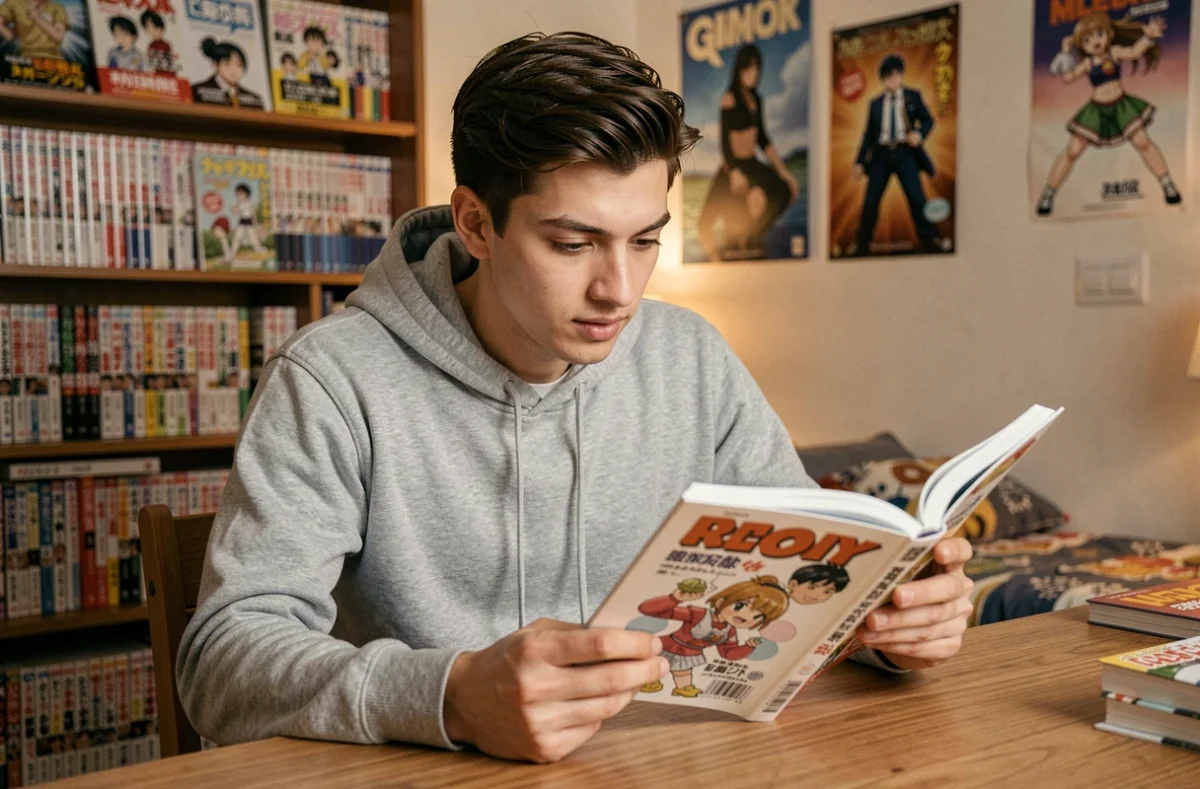 Jeune homme lisant un volume de manga One Punch Man à son bureau, entouré de collections de mangas