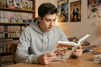 Jeune homme lisant un volume de manga One Punch Man à son bureau, entouré de collections de mangas