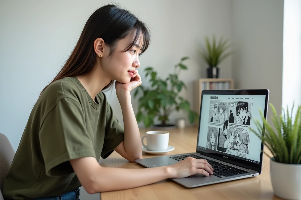 Jeune femme lisant des scans de manga en ligne sur un ordinateur portable dans un bureau minimaliste