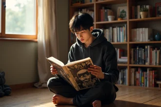 Jeune homme lisant un tome papier de manga One Piece assis sur un plancher en bois, entouré d'étagères de mangas