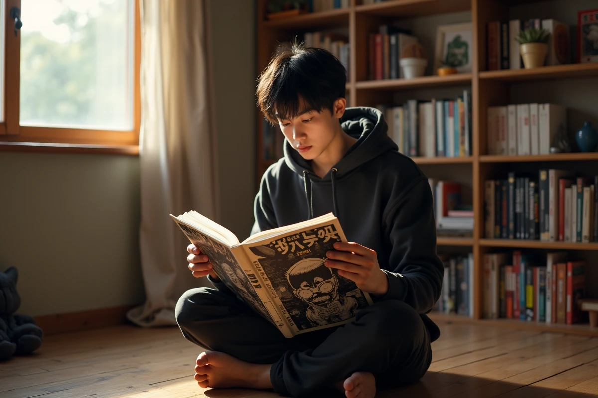 Jeune homme lisant un tome papier de manga One Piece assis sur un plancher en bois, entouré d'étagères de mangas