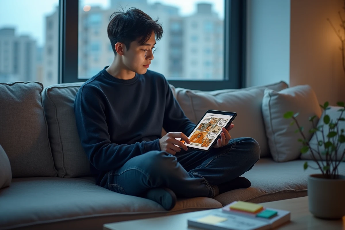 Homme comparant la lecture numérique et physique d'un webtoon sur tablette et version imprimée, thème scan versus officiel